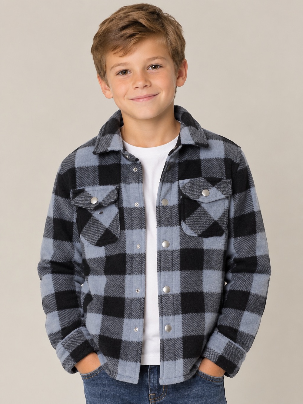 Eddie Bauer Black & Gray Plaid Sherpa-Lined Kids Flannel Jacket Size Boy’s 8